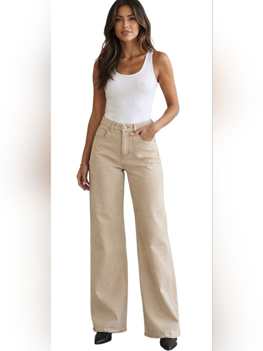 SUNLAND 17 High Rise Wide Leg Jeans Taupe Beige Size Medium